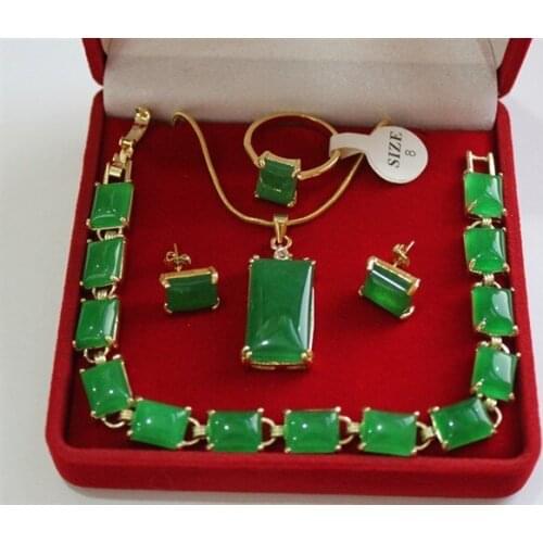 New! nice green jades bracelet earrings ring & pendant 4pc set