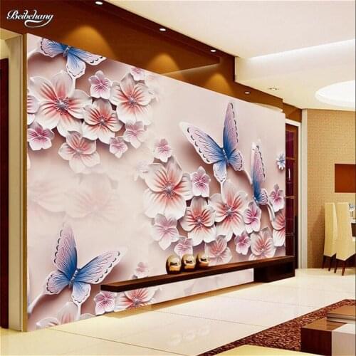 Beibehang wallpaper Relief murals TV backdrop romantic butterfly orchid flowers 3D large wall mural wallpaper Modern painting
