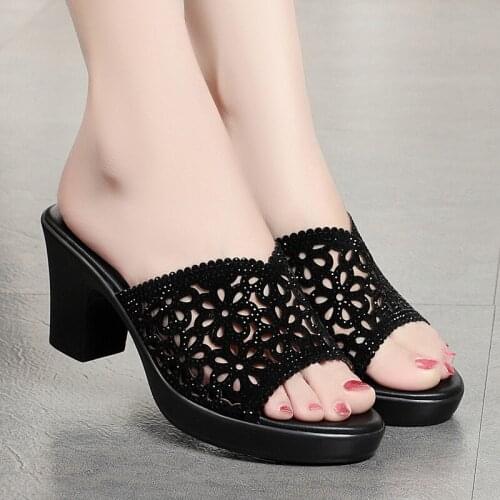 Slippers Womens Outer Wear High Heels 2021 Summer New Style Carved Open-toe Slippers Black Sandals And Slippers