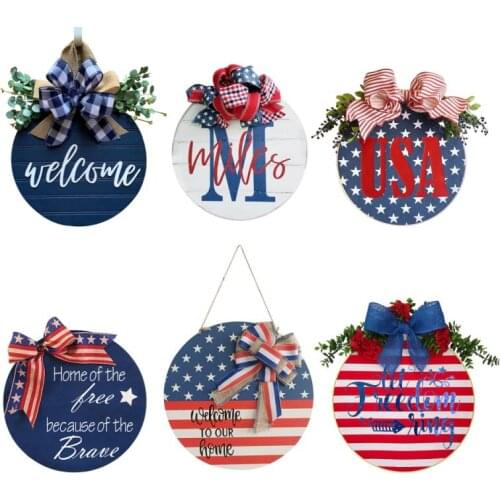 Independence Day Decoration Wreath American Flag Garland Porch Door Sign Round Shape Plaque Pendant Home Decoration