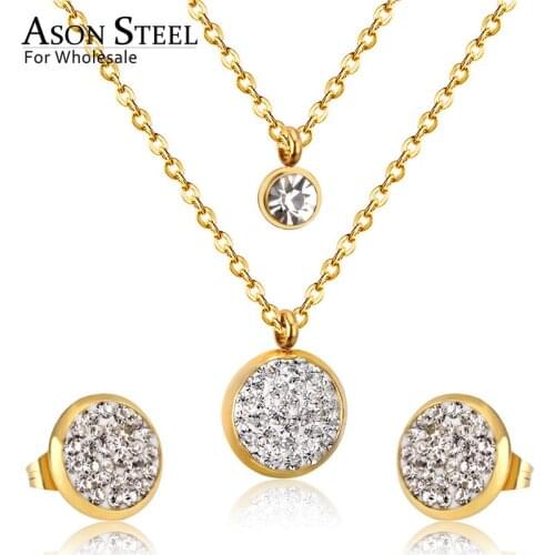 ASONSTEEL Double Round Rolo Cuban Link Chains Jewelry Sets Stainless Steel Cubic Zirconia Pendant Necklace Earring Bijoux Party
