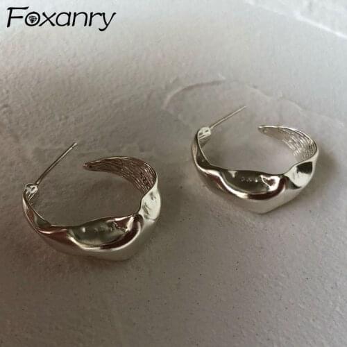 Foxanry 925 Sterling Silver Hoop Earrings for Women New Trendy Vintage Elegant Irregular Texture Party Jewelry Prevent Allergy