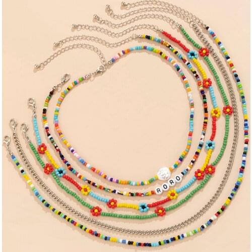 Y2K Rainbow Bead Short Choker Necklace for Women Boho Letter/Pearl/Flower Beaded Chain Necklace Set on Neck 2021 Fashion Jewelry
