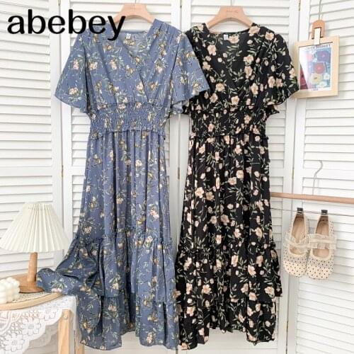 Temperament V-neck butterfly sleeve Dress high waist pleated waist Ruffles print mid-length A-line Dress 2021 New Summer