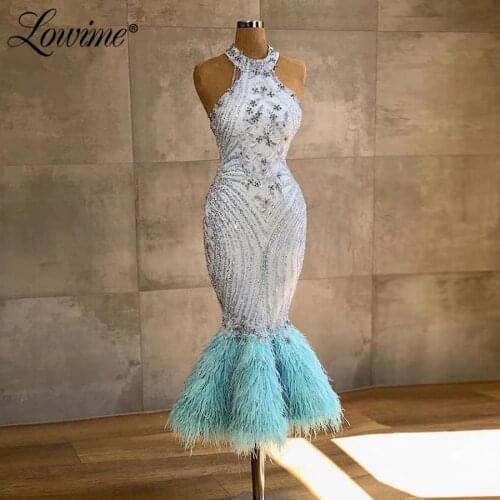 Crystal Beaded Handmade Feathers Tea Length Party Gowns 2021 Couture Blue Mermaid Evening Dress Arabic Dubai Evening Wear Abiye