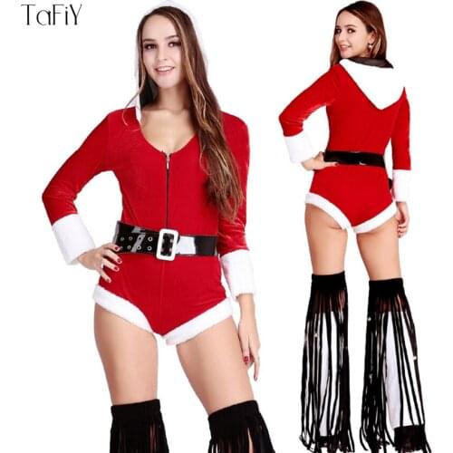 TaFiY 3pcs New Year Sexy Women Christmas Halloween Costume For Adult Christmas Jumpsuit with Hat CosPlay Fancy Party Costume