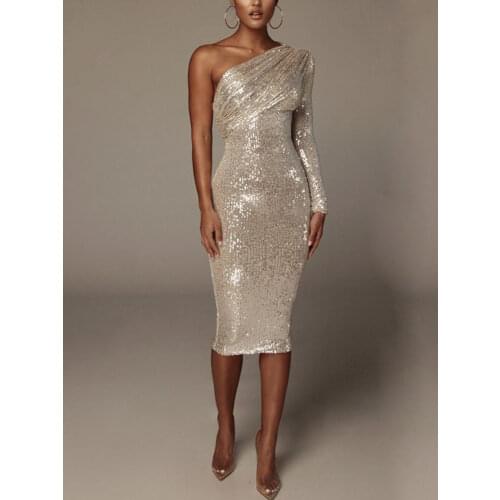 Bevenccel High Quality One Shoulder Women Dress 2020 New Arrival Long Sleeve Runway Sequins Bodycon Evening Party Dress Vestidos