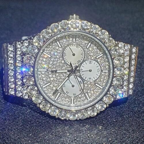 Hip Hop MISSFOX Iced Out Diamond Watch Men Chronograph Silver Mens Watches Quartz Luxury Top Brand Waterproof Fashion Male Clock