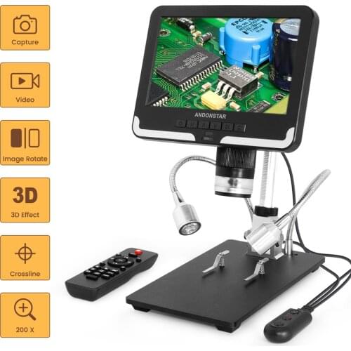 Andonstar AD206 HD Digital Microscope with 2 LED Fill Lights and 7'' LCD Screen 2MP 200X Magnifier for CPU Soldering PCB Repair