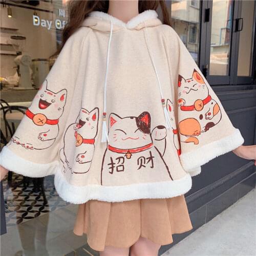 2021 Kawaii Cloak Harajuku Ears Hooded Outwear Japanese Lucky Cat Fleece Cape Batwing Sleeve Loose Pullover Tops Winter Clothes