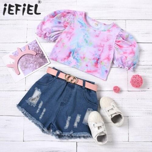 Summer Newborn Toddler Kids Baby Girls Fashion Clothes Puff Sleeve Tie Dye Crop Tops Ripped Jeans Shorts with Belt Sets Outfits