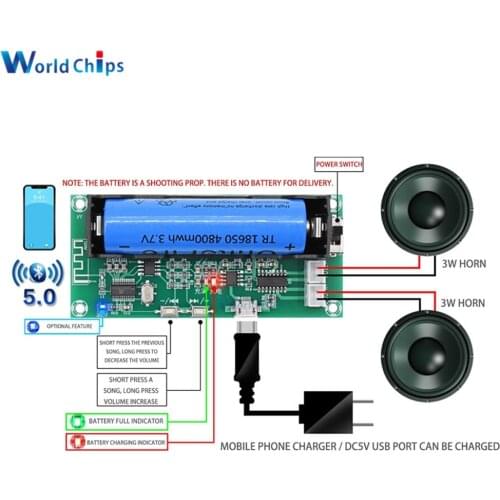 Mini PAM8403 Bluetooth 5.0 Amplifier Board DC5V 3W+3W 2.0 Channel Audio AMP with 18650 Battery Holder For Speaker DIY