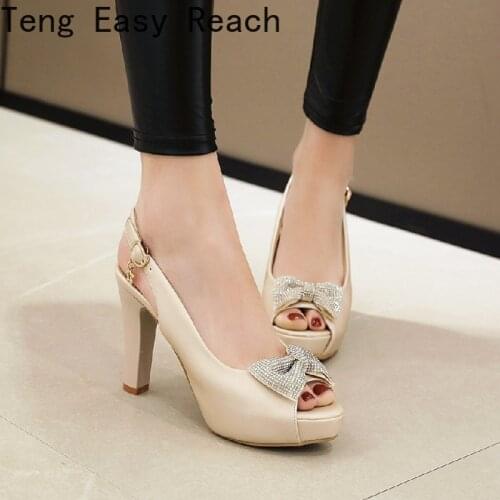 Fashion Fish mouth shoes High Heel Ladies Waterproof Platform Sexy Bow Decoration Womens Buckle Womens Shoes Large Size 34-43