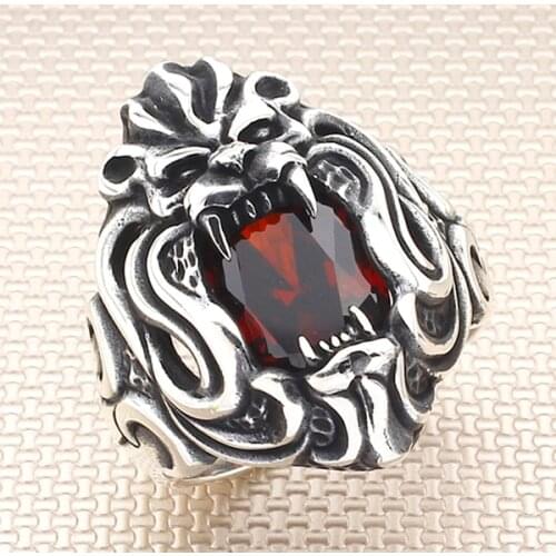 Animal Lion Silver Ring With Red Zircon Stone Men Silver Ring Made In Turkey Solid 925 Sterling Silver