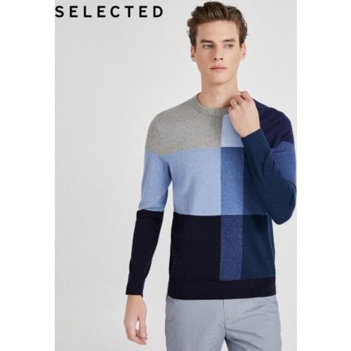 SELECTED Cotton-blended Contrast Plaid Knit Mens Long-sleeved Sweater S|420124505