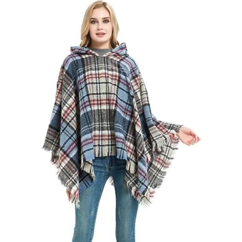 New Woman Warm Plaid Hooded Cape Poncho Winter Collar Knitted Sweater Outdoor Wear Tassel Coat For fashion Female