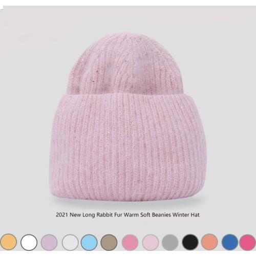 2021 New fashion Autumn Winter Rabbit Hair Winter Hat Warm Beanies Hats Casual Women Solid Adult Cashmere Knitted Beanie Hat