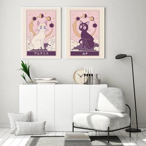 Japanese Cartoon Anime White Cat Poster And Print Nordic Cute Black Cat Canvas Painting Nursery Wall Art Picture Girl Room Decor