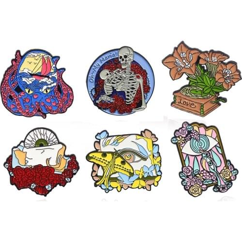 Rose Skull Eye Brooches Skeleton hugs Oh~my maria Flower phonograph Heart Octopus Enamel pin Badge Lapel Jewelry Gift for Friend