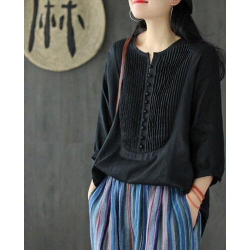 Black White Solid Color Linen Shirt Brief Simple Women Pleated Button Casual Tops Long Sleeve Autumn Blouse Three Quarter Sleeve