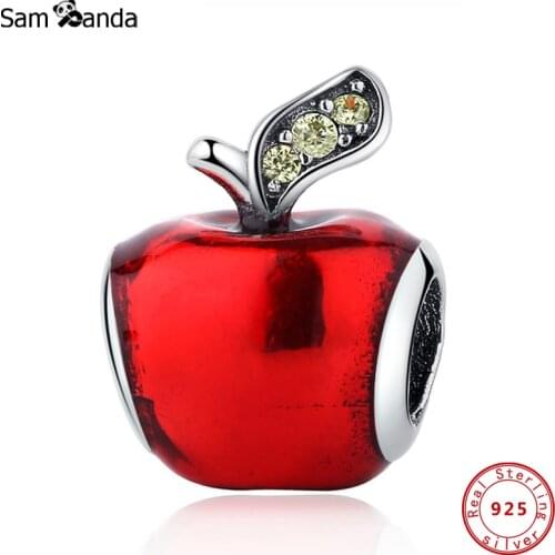 Original 925 Sterling Silver Charm Bead Red Enamel Apple Charms Crystal Fit Pandora Bracelets Necklaces Women DIY Jewelry