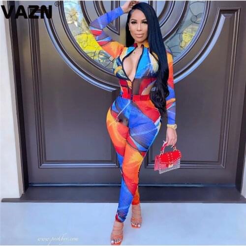 VAZN New Young Women V-neck Fashion Full Sleeve Patchwork Beach Bodycon Jumpsuits Robe Full Pant Bandage Rompers