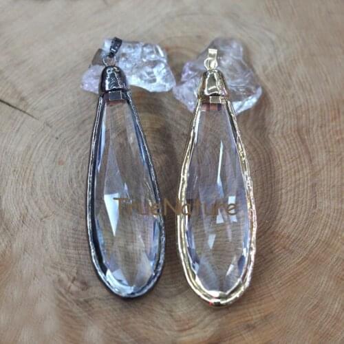 Teardrop Pendant Jewelry, White Faceted Glass Crystal Teardrop Necklace Pendant Gun Black/ Gold Finish Charm In 20*80 mm PM7456
