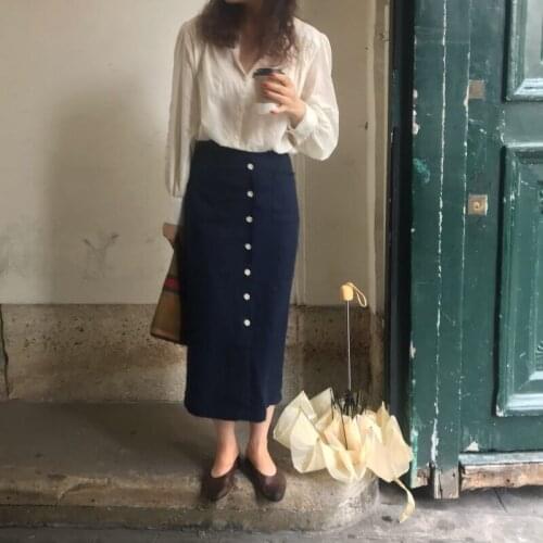 2021 Hot Femme Women Summer High Waist Cotton Linen Pencil Skirt Dark Blue Single Breasted