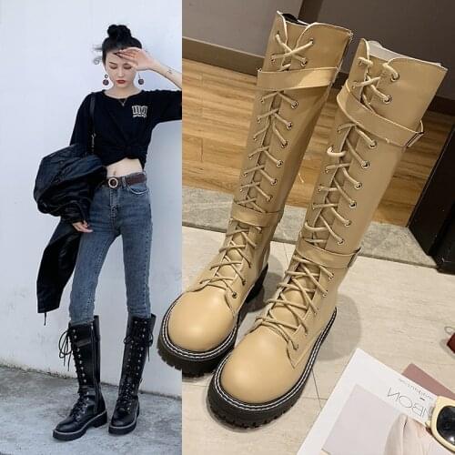 Women Knee High Boots Fashion Riding Knight Boots Buckle Lace Up Women Boots Military Combat Motorcycle Long Boots 35-42