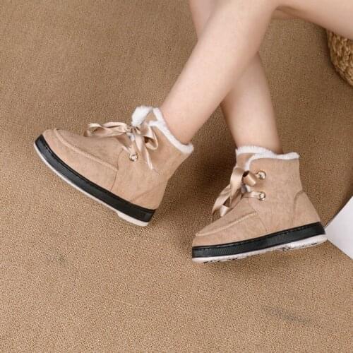 Ladies Winter Comfortable Flat Heeled Faux Suede Cross Tied Fashion Boots Round Head Solid Color Thickened Ladies Short Boots