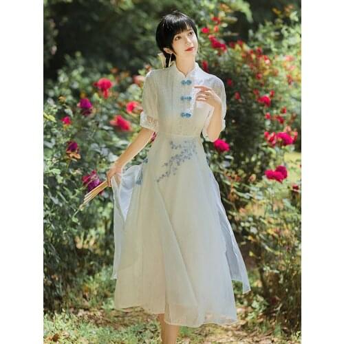 Summer Women Mesh Embroidery Improved Version Cheongsam Stand Collar Retro Literary Disc Button Fairy Gentle Wind Lace Dress