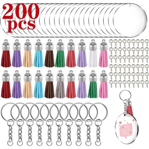 200 Pcs Acrylic Keychain Blanks Kit with Key Rings Jump Rings Round Clear Discs
