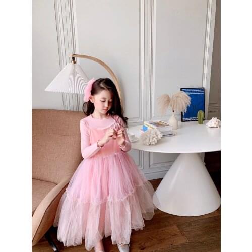 2021 Kids dress long sleeve pink colour sweet baby dresses 100-150