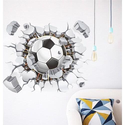 3d Flying Football Wall Sticker For Kids Room Home Decoration Vivid Broken Hole Soccer Sports Mural Art Boys Decals Pvc Posters