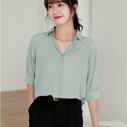 White Chiffon Shirts Womens Summer 2021 Office Lady Lantern Half Sleeve V-Neck Loose Womens Blouses And Tops Ropa De Mujer