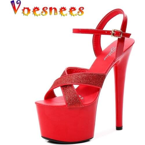 Voesnees Platform Sandals Women Wedding Shoes 2021 Sexy Super High Heel 17cm Sequins Over Glitter White Nightclub Party Shoes