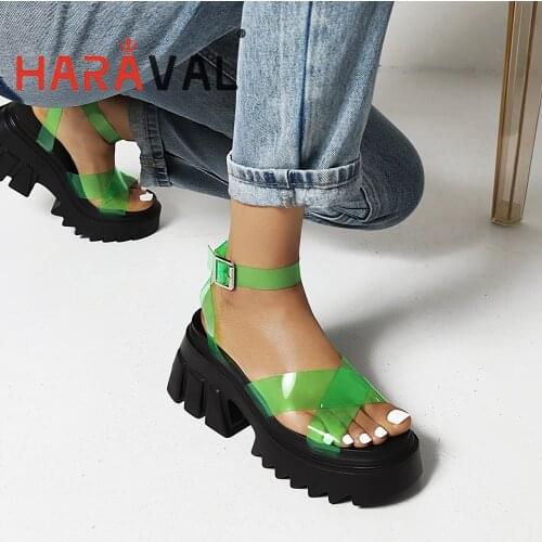 Women Sandals Shoes High Heels Thick Bottom Waterproof Platform PU Casual Basic Buckle Strap Concise Solid Summer Shoes B208