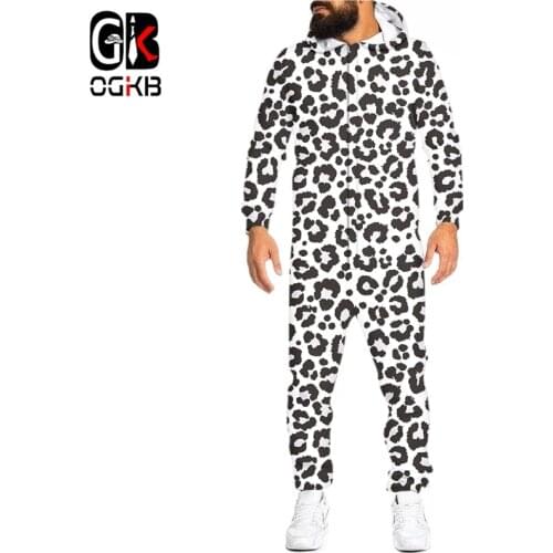 OGKB 3D Snow Leopard Printed Loungewear Pajamas Unisex Loose Hooded Zipper Open Sleepwear Onesies For Adult Jumpsuits Wholesale