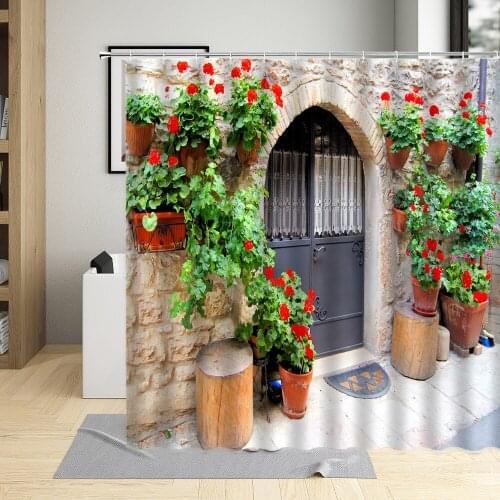 European Small Town Street Landscape Shower Curtain Plant Flowers Building Scenery Bathroom Bath Curtains Decor Sets With Hooks