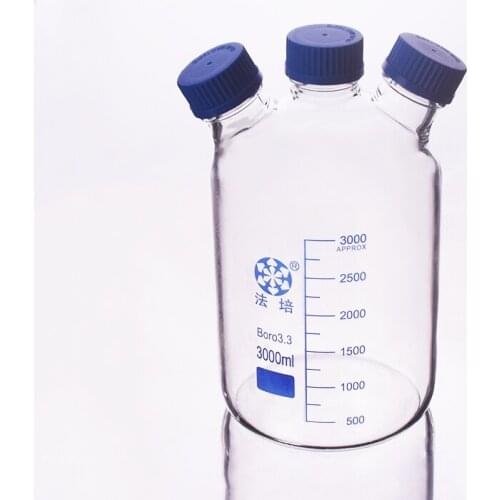 Reagent bottle,With 3 blue screw covers,Borosilicate glass 3.3,Heavy wall 3000ml,Graduation Sample Vials Plastic Lid