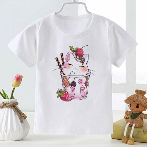 Kawaii Cat Milk tea Printed Kids T Shirt Super Cute Cartoon Fashion Trend T-shirt Oversized Summer Girl Boy Casual Baby Clothes