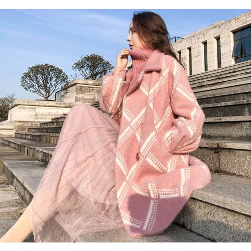 Korean Retro Plaid Faux Mink Velvet Coat 2020 Autumn Winter New Loose Knit Cardigan Thick Coat Plush Jacket Especially Female