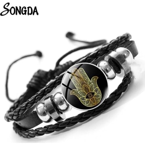 Hot Sale Hand of Fatima Leather Bracelet Mandala Print Evil Eye Glass Dome Beads Adjustable Woven Bracelets for Men Women