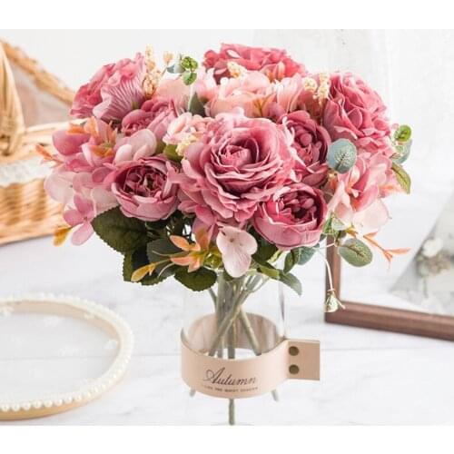 Colorful Bouquet Artificial Flowers Peony Rose Fake Flower Bouquet Hydrangea For Home Wedding Party Decor