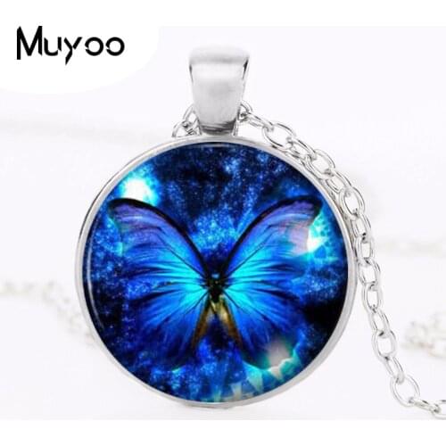 Blue Butterfly Pendant Necklace fashion vintage Glass pendant dome Cabochon Round Pendant steampunk necklace Jewelry HZ1