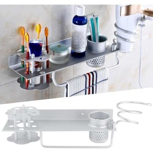 Space Aluminum Wall Mounted Bathroom Storage Shelf Hair Dryer Holder Towel Rack Toothbrush Toothpaste Holder Tissue Organizer