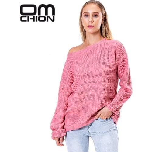 OMCHION Pull 2021 Womens Winter Clothing Fall Winter Slash Neck One Shoulder Off Loose Sweater And Pullover Oversized Knitwear