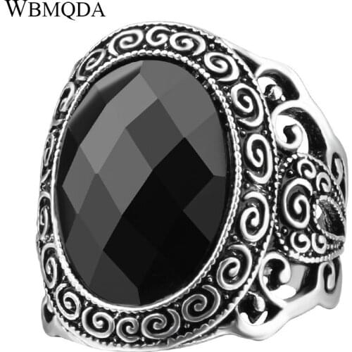 Wholesale Ethnic Punk Goth Black Stone Hollow Pattern Ring Vintage Big Tibetan Silver Statement Ring Men Accessories Jewelry