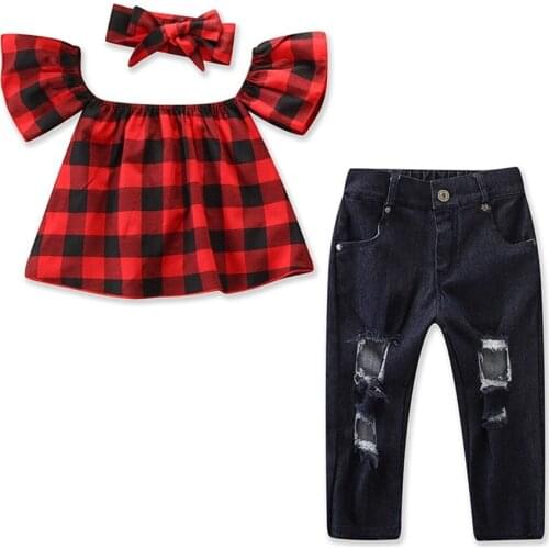 2-7T Kids Baby Girl Outfit Sets Short Sleeve Off Shoulder Shirt T-shirt Tops + Long Pants Jeans Clothes Outfits Set