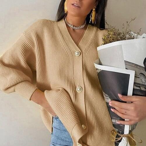 Casual V-neck Knitted Kimono Cardigan Sweater Women Lantern Sleeve Button Knit Coat Cardigan 2020 Streetwear Sweater Outerwear